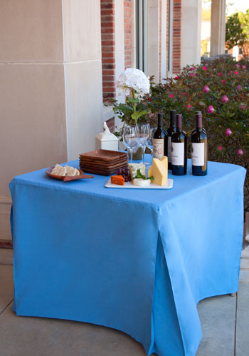 blue fitted table cover outdoors